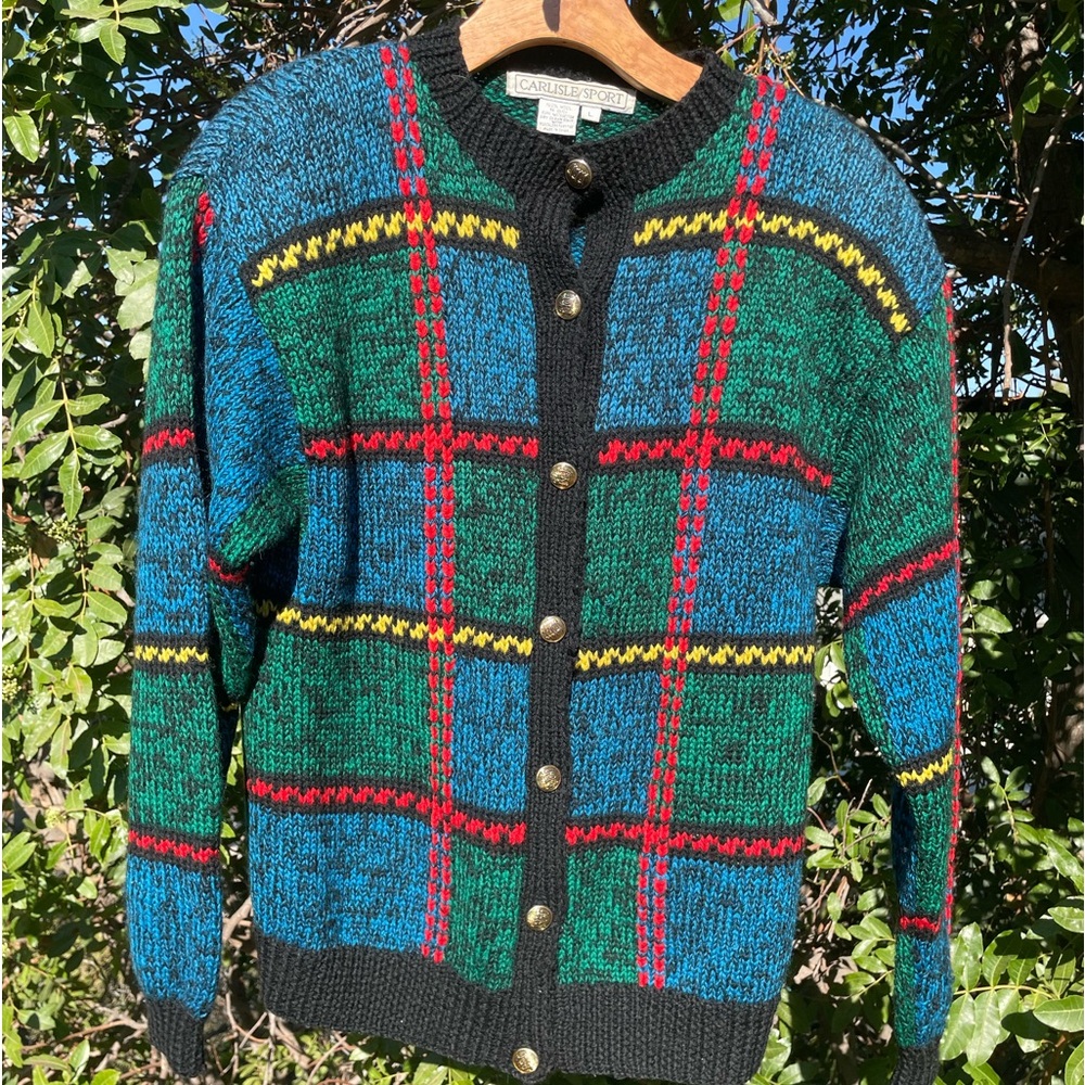 Vintage Carlisle Sport Color Block Cardigan, Wool, Size L
